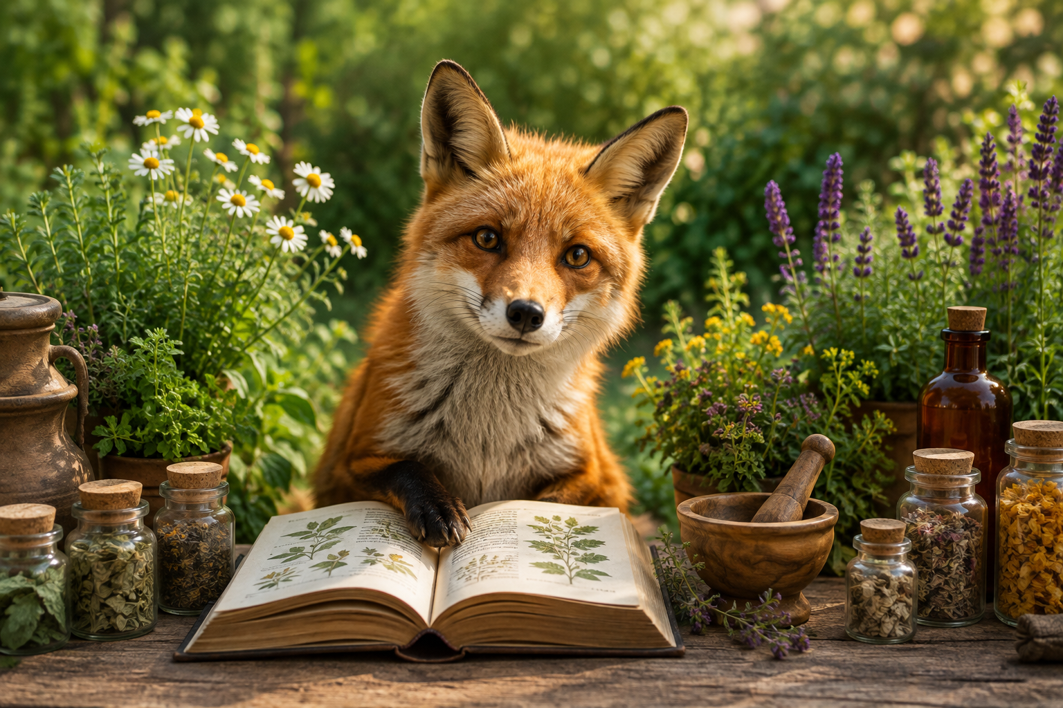 Kräuterfuchs mit Heilpflanzen und Kräuterbuch