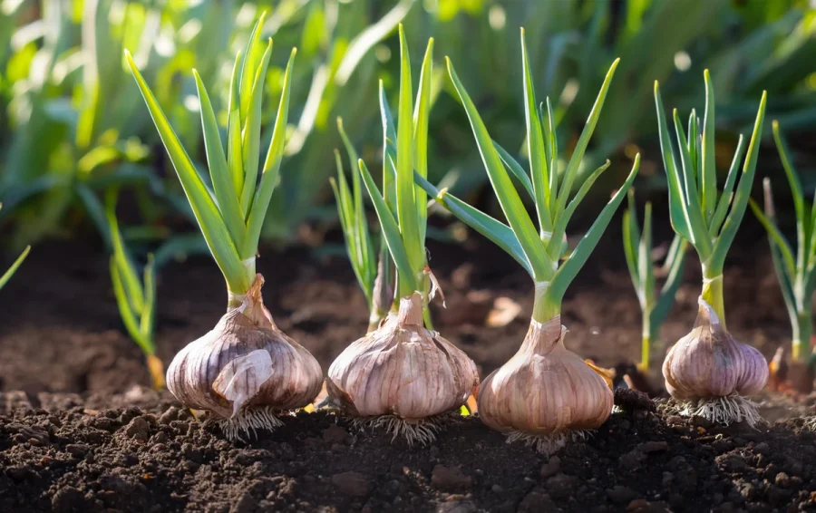 Knoblauchpflanzen mit Knollen 